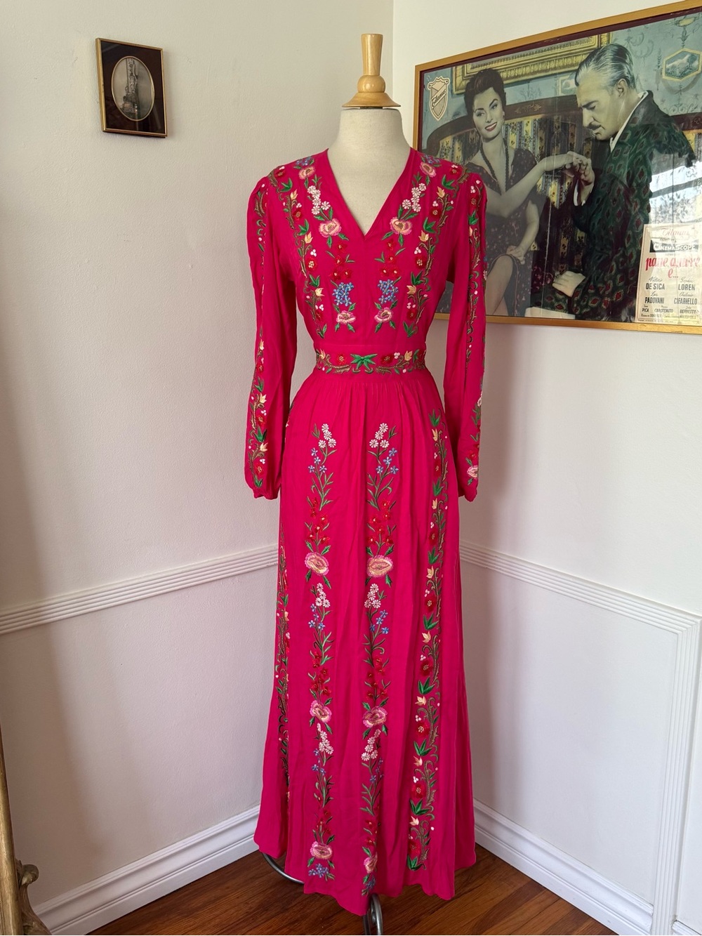 Zaimara — Hot Pink Embroidered V-Neck Maxi Dress